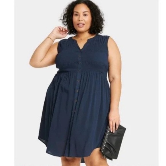 Knox Rose Dresses & Skirts - Knox Rose Navy Blue Button Front Smocked Boho Shift Dress Size 4X NWT